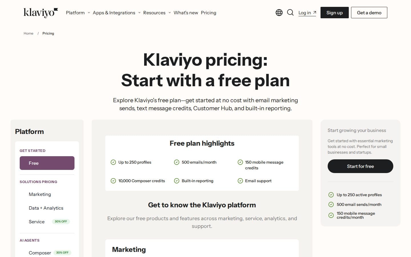 Screenshot of Klaviyo's pricing page