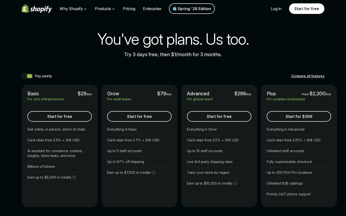 Screenshot of Shopify's pricing page