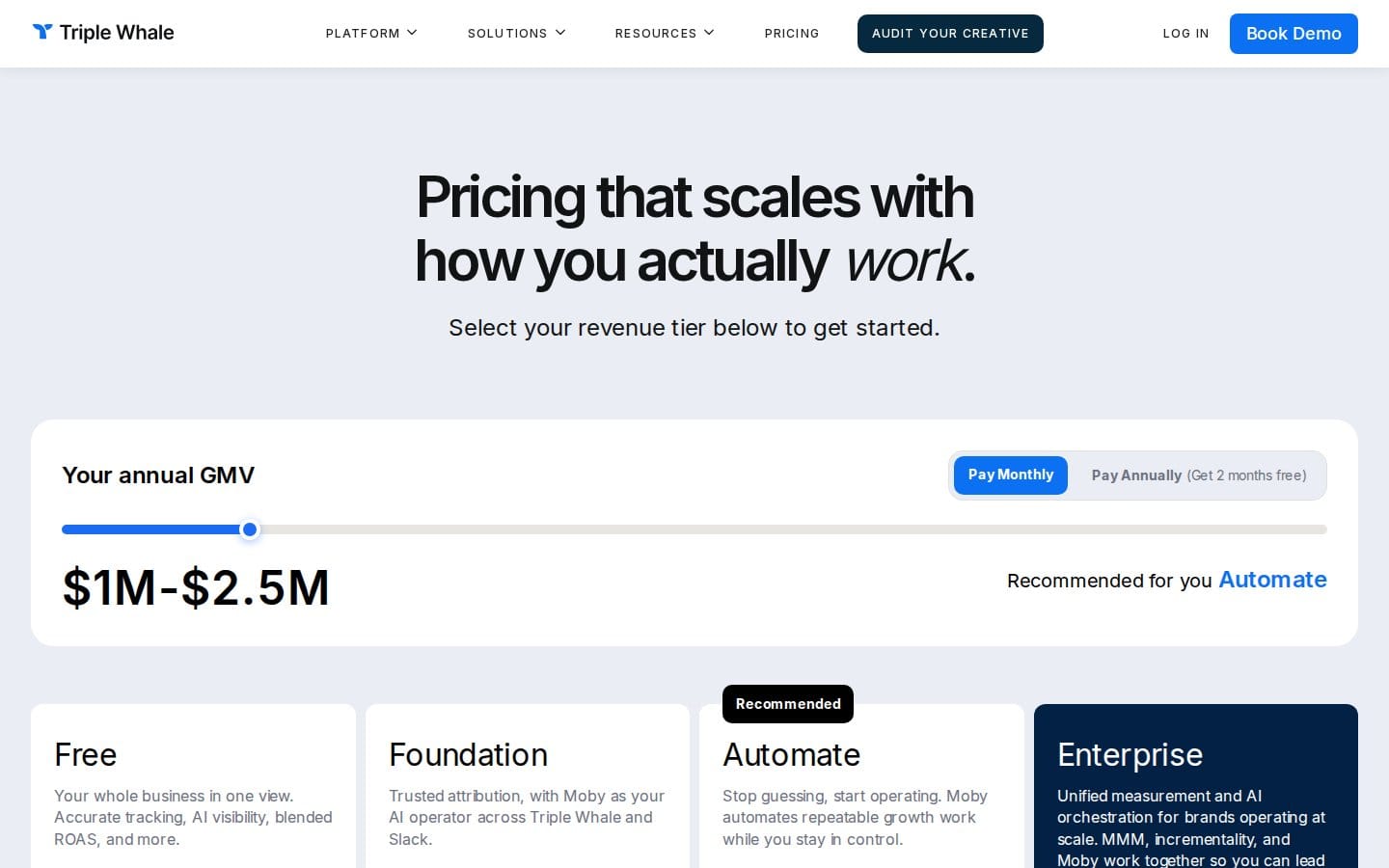 Screenshot of Triple Whale's pricing page