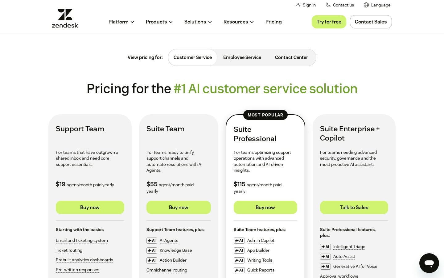 Screenshot of Zendesk's pricing page