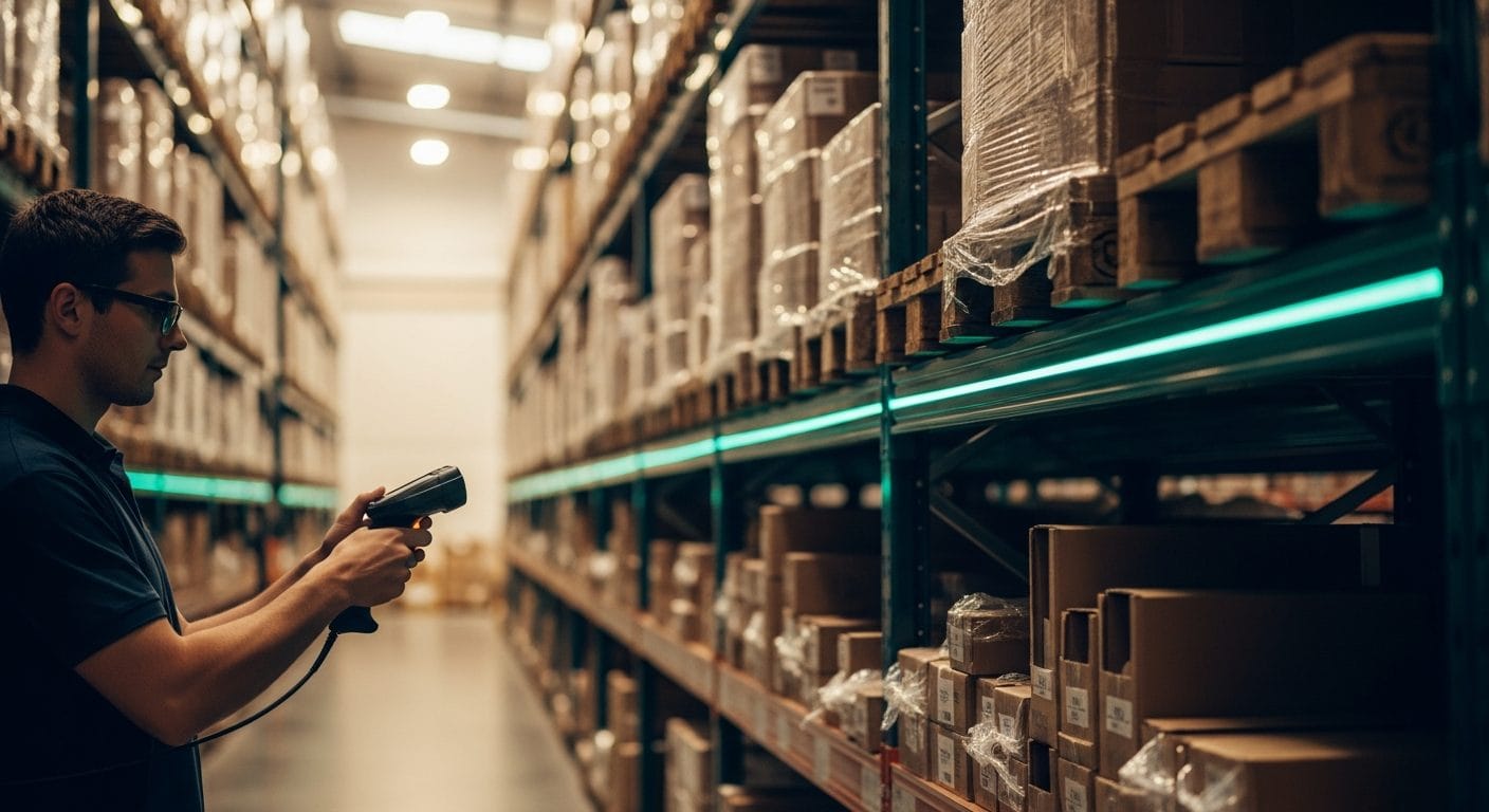 Modern warehouse with barcode scanning technology showing transition from 1D UPC to 2D QR codes and DataMatrix symbols