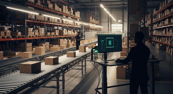 Warehouse team managing orders efficiently with automated workflow systems displayed on computer screens