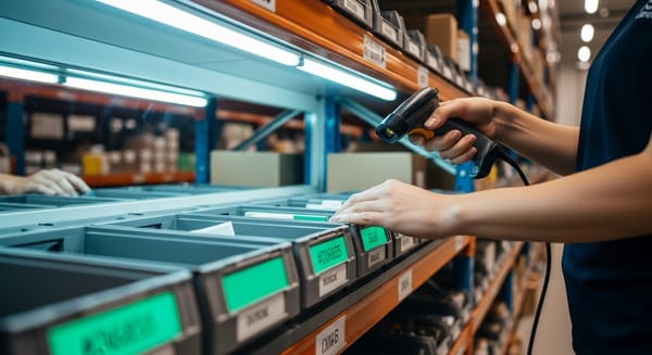 Warehouse picker using batch picking workflow to efficiently collect multiple orders from shelves in organized warehouse aisl